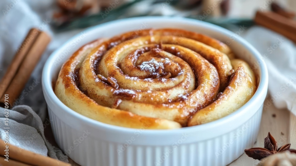 Homemade cinnamon rolls in a ceramic dish garnished with fresh herbs, nuts and dried fruits. Homemade cinnamon rolls in a ceramic dish garnished with fresh herbs, nuts and dried fruits.