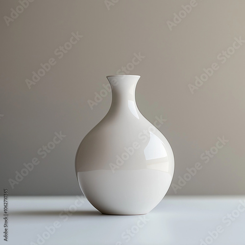 A minimalist, clean image of a single object--a sleek white ceramic vase on a plain white table