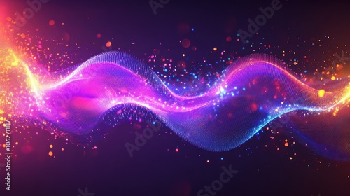 Abstract wave of particles in glowing pink, blue, and yellow on a dark background.