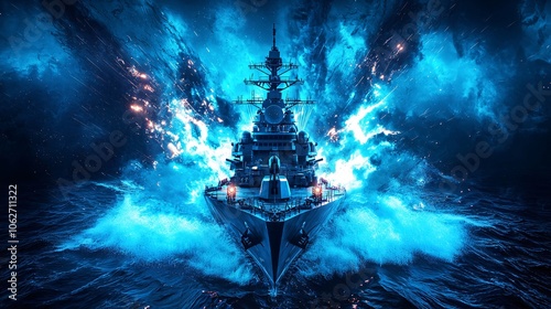 Explore the power of a futuristic naval cruiser armed with plasma cannons in a stunning double-exposure scene