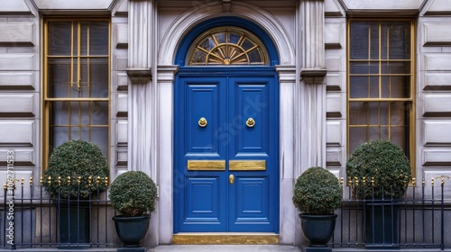 A classic blue double door with brass hardware and a fanlight window, framed by a white stone archway.