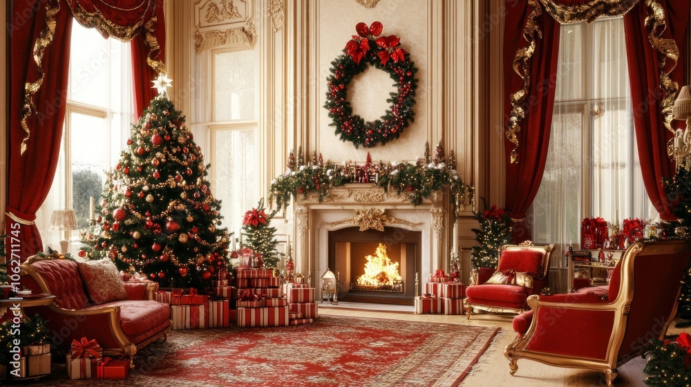 A luxuriously decorated living room for Christmas with a fireplace, a Christmas tree, presents, and a wreath on the wall. A luxuriously decorated living room for Christmas with a fireplace, a Christmas tree, presents, and a wreath on the wall.