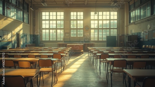 Classroom with green walls illuminated by sunlight with Generative AI Whiteboard and Wooden Desk