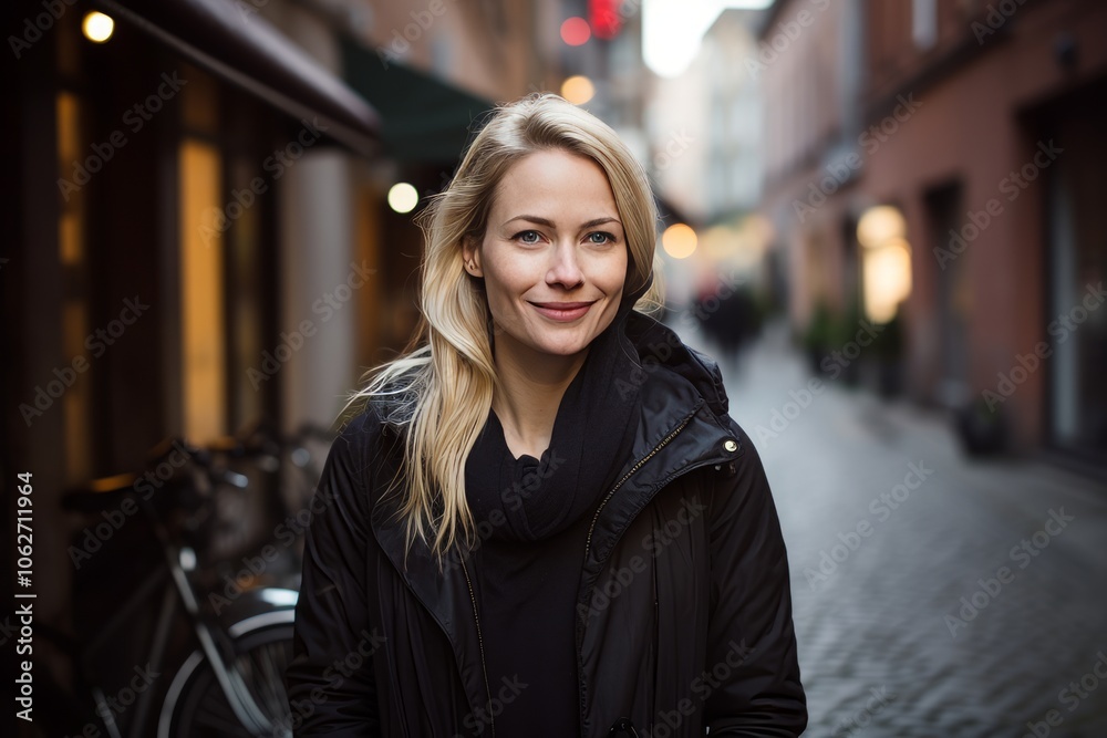 Portrait of a beautiful young woman in black coat walking in the city Portrait of a beautiful young woman in black coat walking in the city