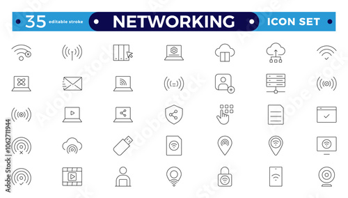 Networking icon set. Connections, relationships, online networking, community, events, and social network icons. computer, network, website, server, web design, hardware. Editable stroke outline icon.