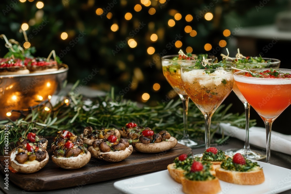 Fototapeta premium A chic table setting featuring elegant appetizers like bruschetta,