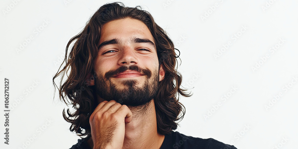 Smiling man with long hair and a beard, generative AI