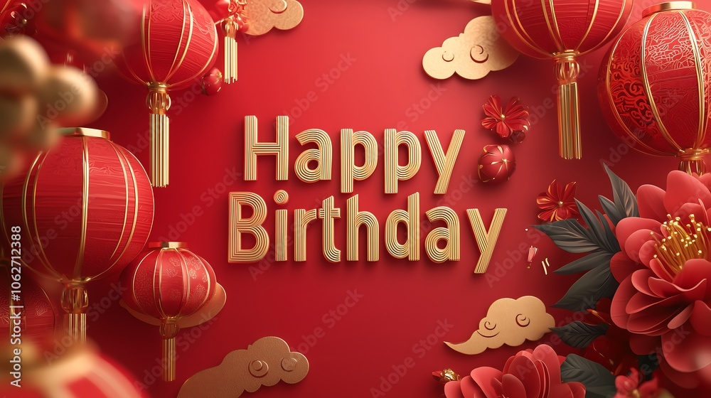 Naklejka premium Radiant Red Lanterns and Festive Decor for an Unforgettable Birthday Experience.Generative AI忘れられない誕生日体験のための輝く紅灯籠と祝祭的な装飾