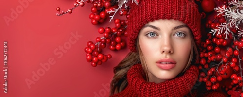 Festive Portrait with Red Accents and Winter Elements