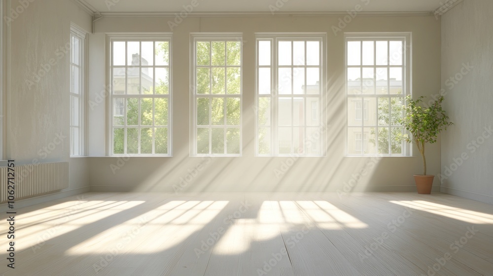 Obraz premium Empty room with large windows and sunlight streaming in.