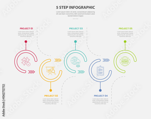 5 points template infographic outline style with 5 point step template with open circle up and down timeline style for slide presentation