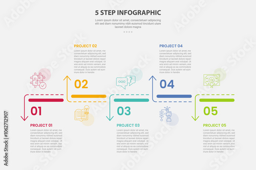 5 points template infographic outline style with 5 point step template with creative timeline up and down arrow on horizontal direction for slide presentation