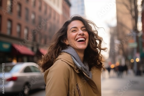 Portrait of a beautiful young woman laughing in New York City.