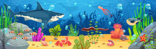 Cartoon underwater landscape, game background with shark, squid, puffer fish and eel sea animals and fish shoal amidst coral and seaweed. Vector ocean floor with diverse marine life, bubbles and rocks