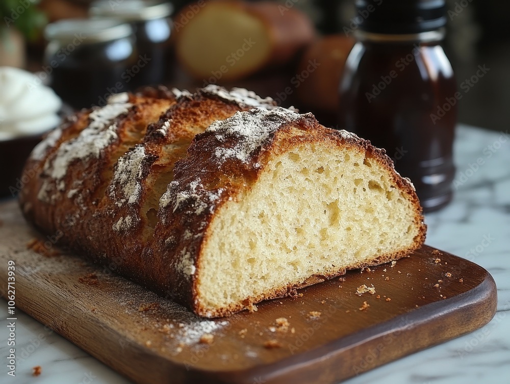 Irish soda bread on a rustic wooden board, warm and inviting, highlighting traditional baking with a simple, homey backdrop Irish soda bread on a rustic wooden board, warm and inviting, highlighting traditional baking with a simple, homey backdrop