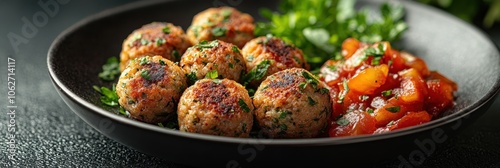 Israeli falafel served on a plate, accompanied by a simple garnish, set against a plain background for a clean presentation photo