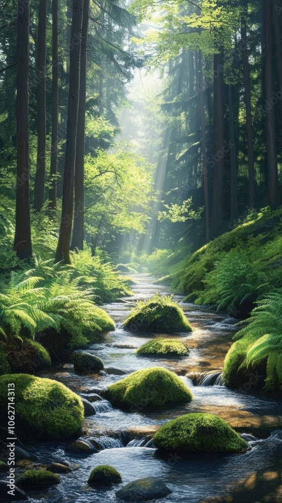 Obraz premium A clear mountain stream winding through a dense pine forest