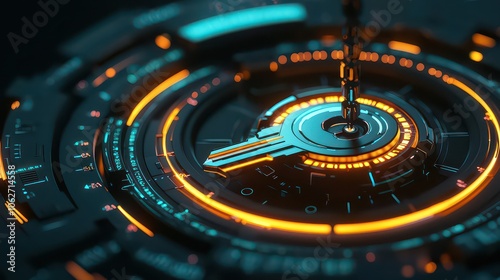 Wallpaper Mural Digital Key. Virtual key hovering over a digital vault representing data encryption and technology protection. Torontodigital.ca