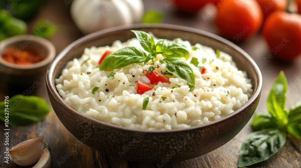 Gourmet rice bowl filled with freshly cooked rice, herbs, and spices. Gourmet rice bowl filled with freshly cooked rice, herbs, and spices.