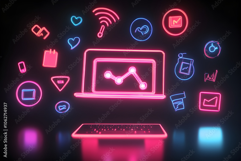 A vibrant depiction of a laptop silhouette surrounded by digital marketing icons in a neon light, set against a black background. A vibrant depiction of a laptop silhouette surrounded by digital marketing icons in a neon light, set against a black background.