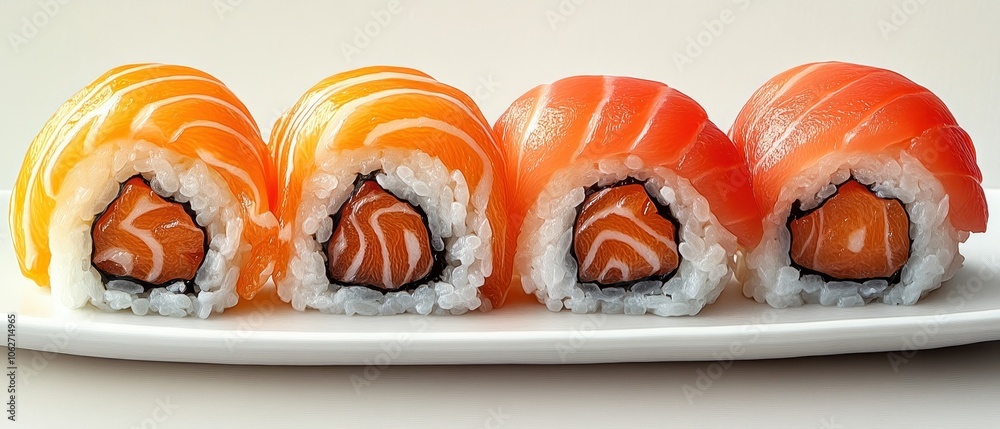 Sushi Elegance, a beautifully arranged sushi plate featuring salmon nigiri, presented on a sleek white background for a modern aesthetic Sushi Elegance, a beautifully arranged sushi plate featuring salmon nigiri, presented on a sleek white background for a modern aesthetic