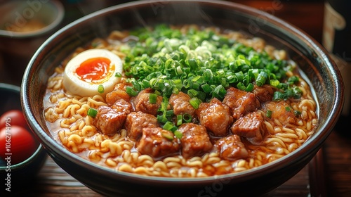 Delicious Japanese ramen bowl featuring tender pork and fresh green onions, vibrant colors, elegantly arranged for a mouthwatering appeal