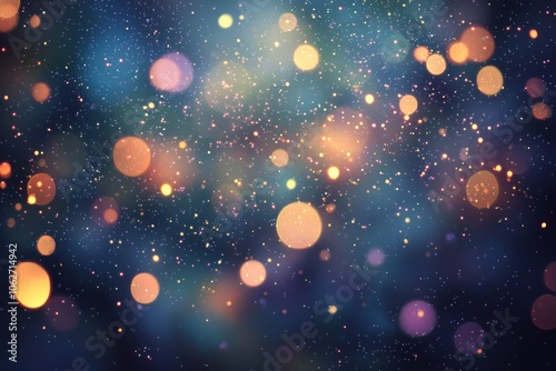 A background of bokeh lights in various colors, creating an ethereal atmosphere. The dark blue sky serves as the backdrop for vibrant colors