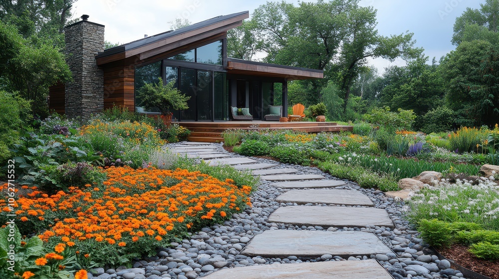 Obraz premium Elegant garden design featuring vibrant flowering bushes, winding stone pathways, and a sleek minimalist home exterior