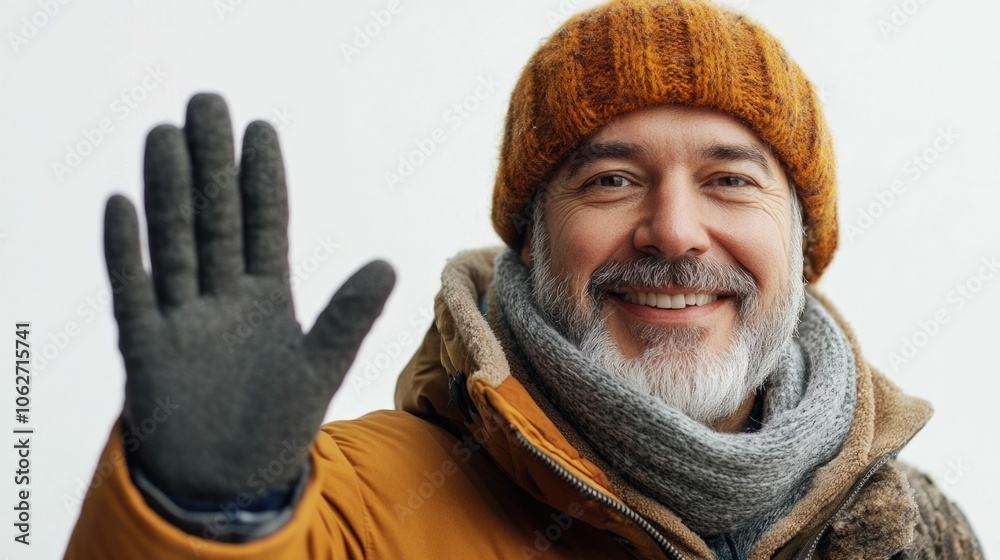 Portrait of a friendly smiling Scandinavian man wearing warm winter clothing like a hat scarf and coat waving with a welcoming gesture against a plain white background Portrait of a friendly smiling Scandinavian man wearing warm winter clothing like a hat scarf and coat waving with a welcoming gesture against a plain white background
