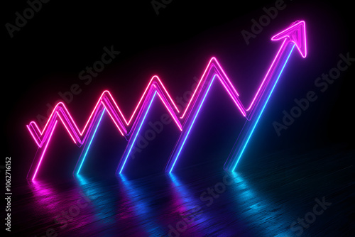 A dynamic neon wireframe chart with glowing arrows illustrating growth trends set against a dark background.