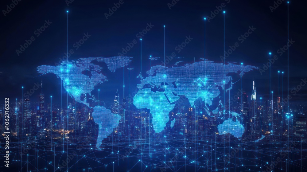 Fototapeta premium A glowing blue world map with lines connecting cities, representing global interconnectedness.