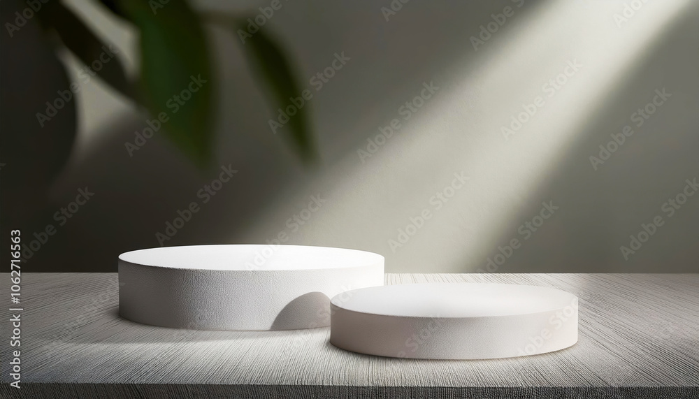 3d rendering white podium platform for social media cosmetic product showcase on pastel green geometric cylinder shapes and background with leave plant in natural sunlight and shadow 3d rendering white podium platform for social media cosmetic product showcase on pastel green geometric cylinder shapes and background with leave plant in natural sunlight and shadow
