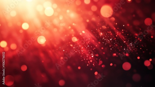 Abstract red and orange bokeh background with light beams and sparkles.