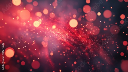 Abstract background with red and gold bokeh lights, glowing particles and galaxy like effect.