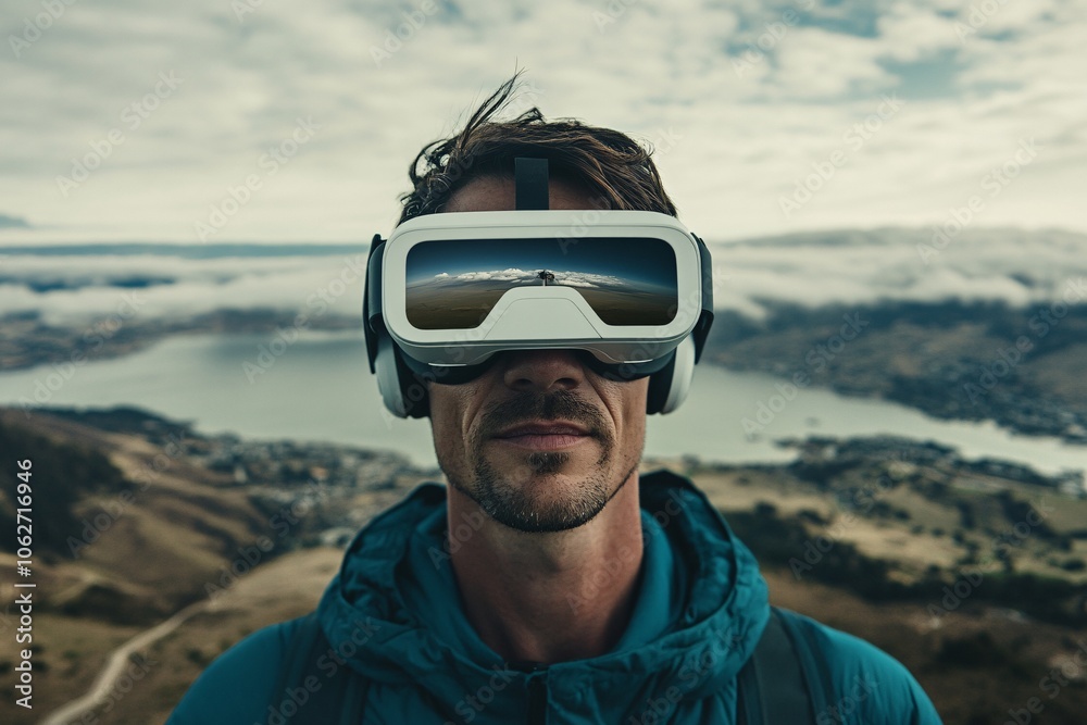 Man Experiencing Virtual Reality on a Mountaintop: Immersive Technology and Breathtaking Views Man Experiencing Virtual Reality on a Mountaintop: Immersive Technology and Breathtaking Views