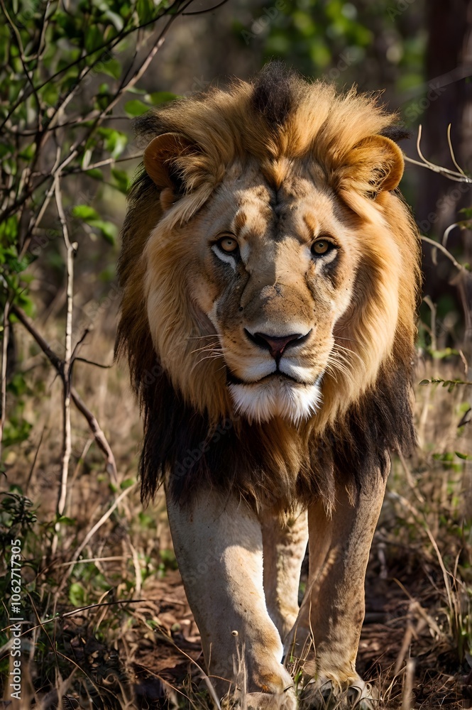 Majestic Lion Staring Intently in African Wilderness Majestic Lion Staring Intently in African Wilderness