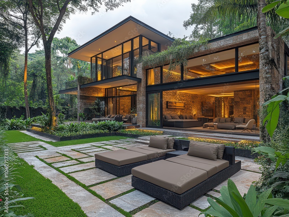 Serene garden retreat featuring towering trees, inviting seating, harmonious with contemporary architecture Serene garden retreat featuring towering trees, inviting seating, harmonious with contemporary architecture