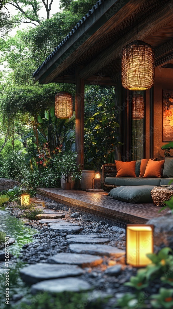 Fototapeta premium Cozy patio in a lush garden, ambient lighting enhances the stylish home atmosphere, inviting and serene outdoor retreat