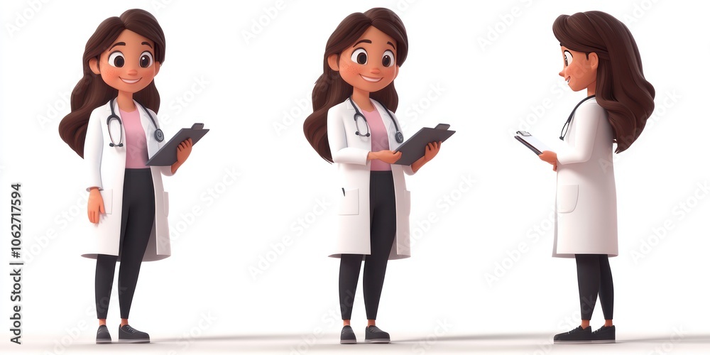 3D Cartoon Doctor Woman Poses Holding a Clipboard 3D Cartoon Doctor Woman Poses Holding a Clipboard