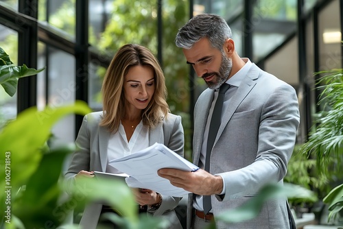 Businessman and businesswoman reviewing paperwork together in a modern, plant-filled office space, fostering a collaborative and eco-conscious work environment