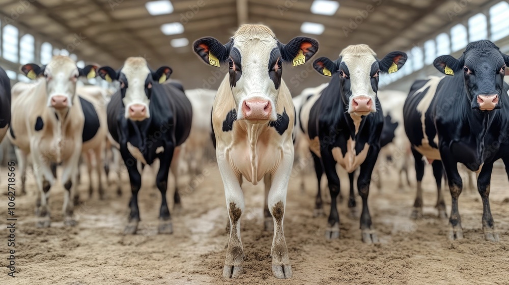 Obraz premium Cows lined up in the milking parlor ready for the morning milk production with a deep depth of field showcasing the serene and peaceful atmosphere of a dairy farm