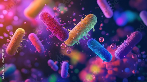 Colorful bacteria floating in a vibrant abstract background. photo