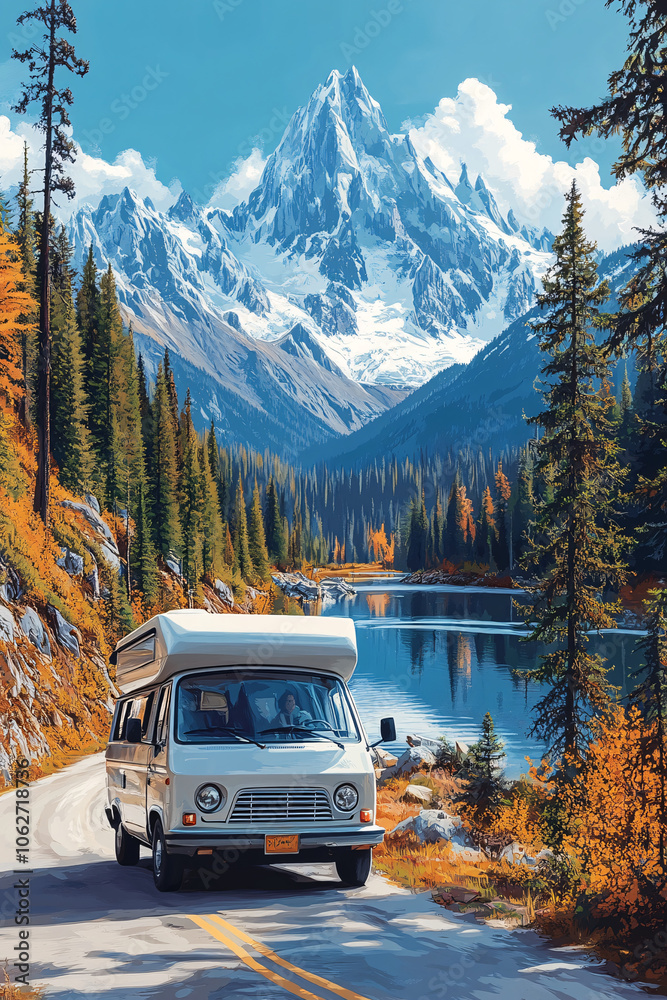 A sleek white camper van drives along a winding road by snowy mountains and a serene lake, ideal for travel promotions and outdoor adventure themes. A sleek white camper van drives along a winding road by snowy mountains and a serene lake, ideal for travel promotions and outdoor adventure themes.