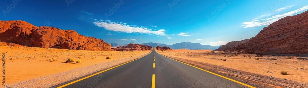 A vast, empty highway stretches through arid desert landscape, flanked by red rock formations under a bright blue sky. A vast, empty highway stretches through arid desert landscape, flanked by red rock formations under a bright blue sky.