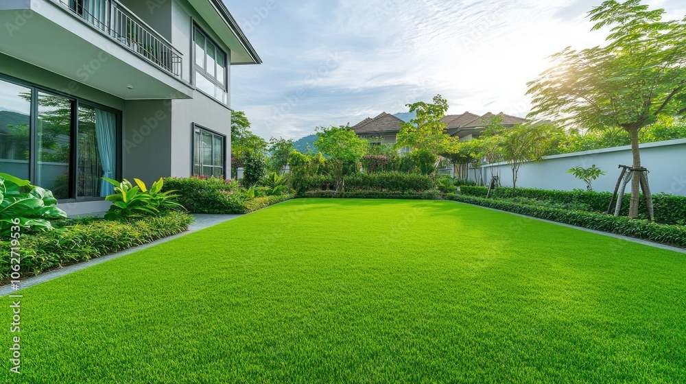 Lush Green Lawn with Modern House Exterior Lush Green Lawn with Modern House Exterior