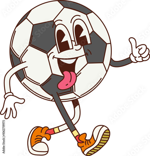 Groovy football or soccer sport ball character in retro cartoon with funky face, vector comic emoji. Groovy soccer or football ball with smile emotion and tongue out for retro cartoon sport character