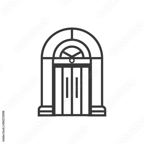 Line drawing of a double door entrance with an arched frame