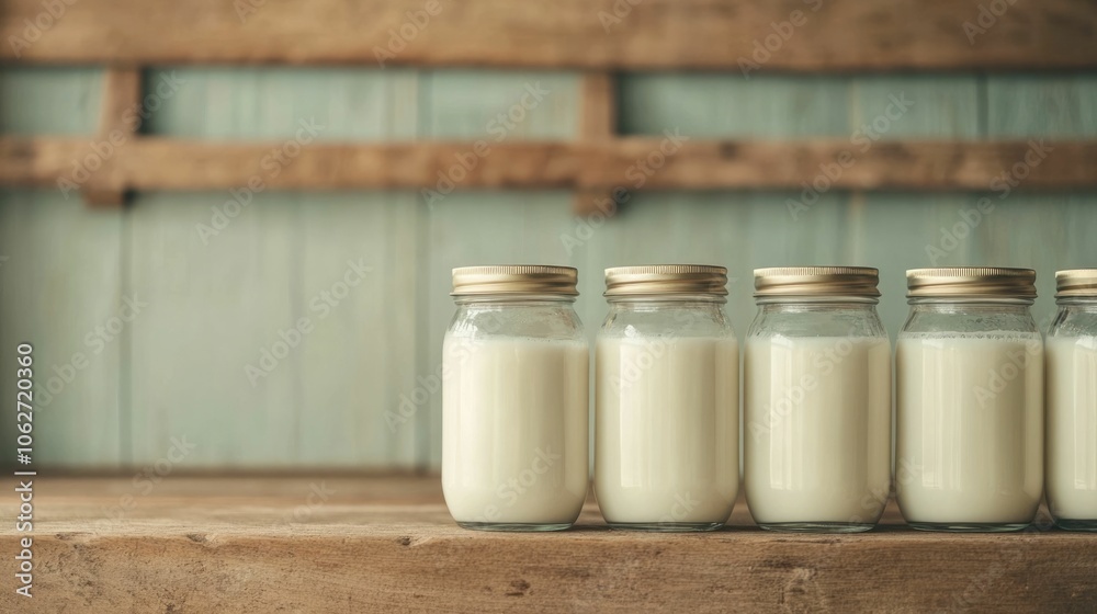 Closeup view of a creamy layer forming on the surface of raw milk stored in glass jars placed on a rustic wooden kitchen counter The image highlights the natural Closeup view of a creamy layer forming on the surface of raw milk stored in glass jars placed on a rustic wooden kitchen counter The image highlights the natural