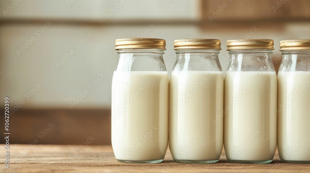 Closeup of creamy layer forming on raw milk stored in glass jars placed on a rustic farm kitchen counter with a soft depth of field effect creating a natural homemade and artisanal aesthetic Closeup of creamy layer forming on raw milk stored in glass jars placed on a rustic farm kitchen counter with a soft depth of field effect creating a natural homemade and artisanal aesthetic
