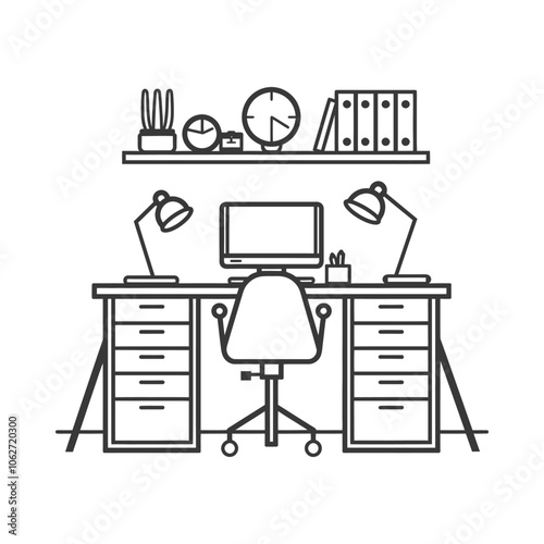 Line Drawing of a Desk with a Computer Chair and Office Supplies